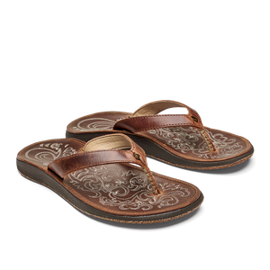 Olukai Paniolo Womens Natural Embossed Leather Beach Sandal