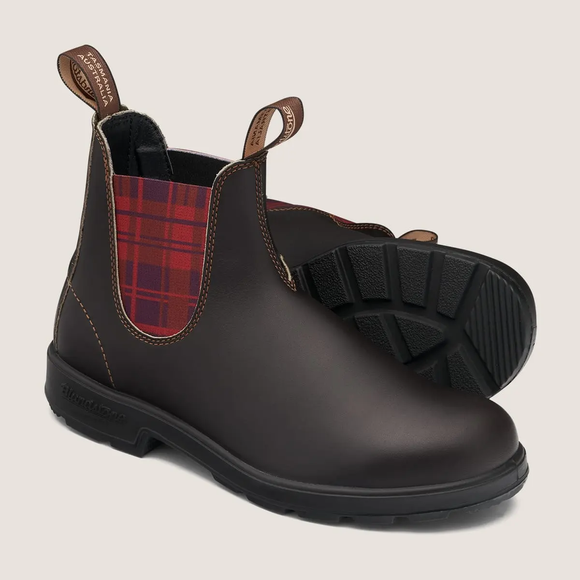 BLUNDSTONE Women's ORIGINAL CHELSEA BOOT STOUT BROWN/BURGUNDY TARTAN